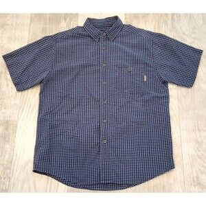 Woolrich Mens L Navy Blue Plaid Button Down Work Shirt Short Sleeve Outdoors